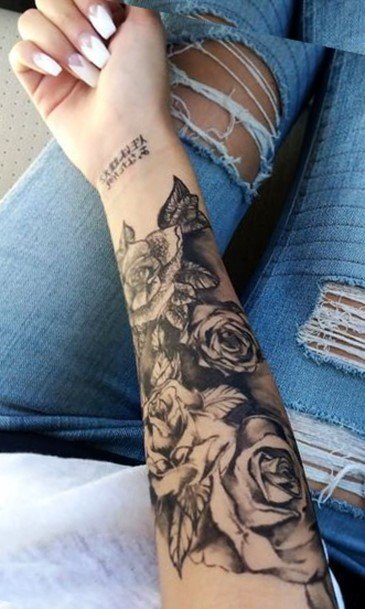 Womens Forearms Abundant Black Roses Tattoo