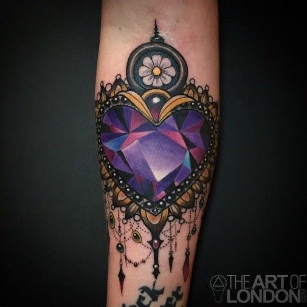 Womens Forearms Amethyst Stone Heart Tattoo