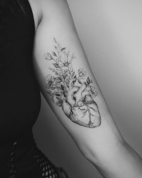 Womens Forearms Anatomical Heart And Blossoms Tattoo