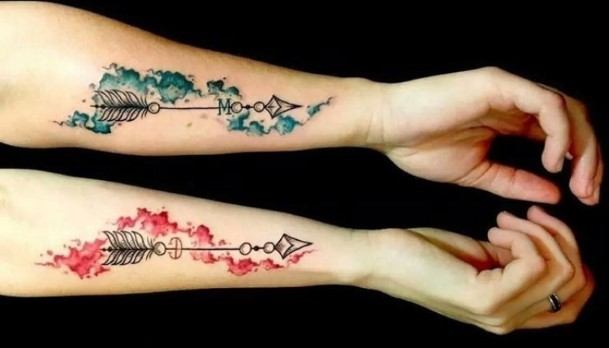 Womens Forearms Arrow Matching Colored Shot Tattoo