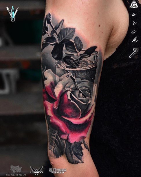 Womens Forearms Black And Pink Rose Flower Tattoo