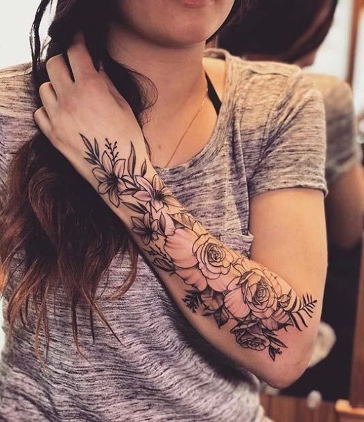 Womens Forearms Black Blossoms Tattoo