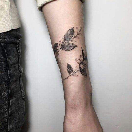 Womens Forearms Black Leaves Tattoo