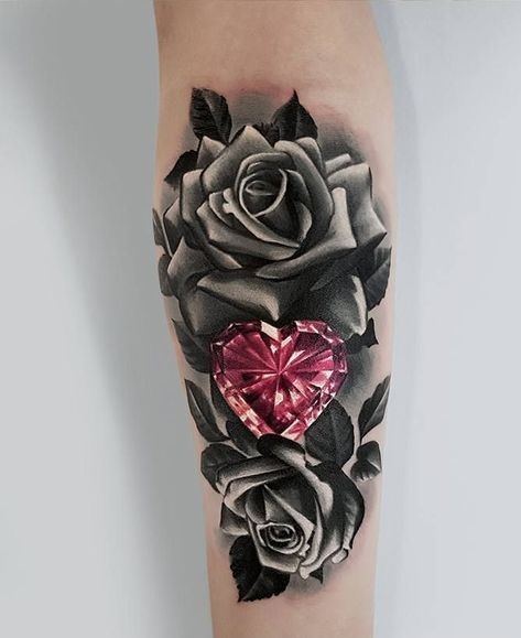 Womens Forearms Bright Red Heart With Black Flower Tattoo