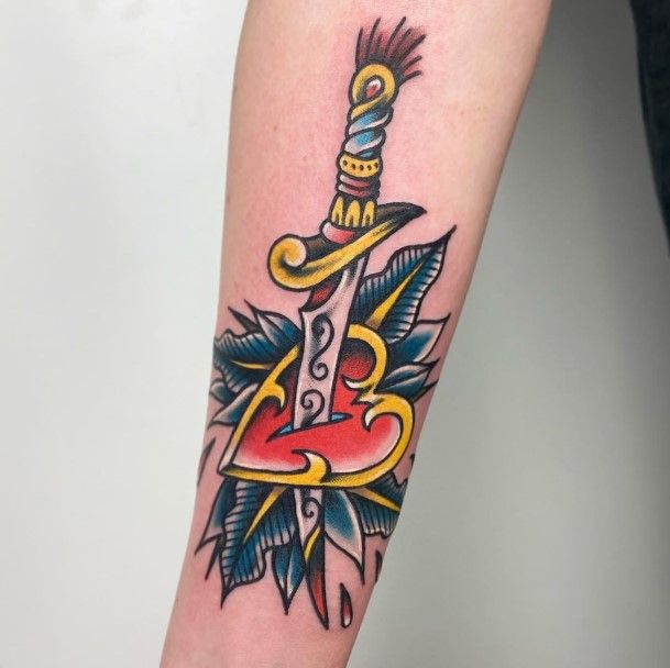 Womens Forearms Dagger In Heart Tattoo