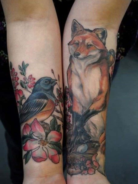 Womens Forearms Fox And Bird Tattoo