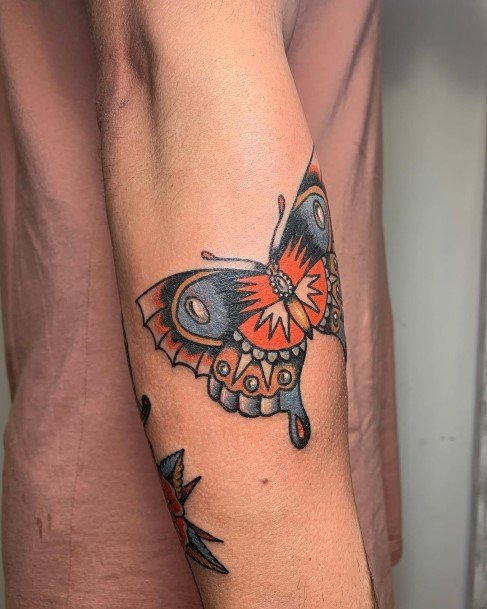 Womens Forearms Orange Butterfly Tattoo