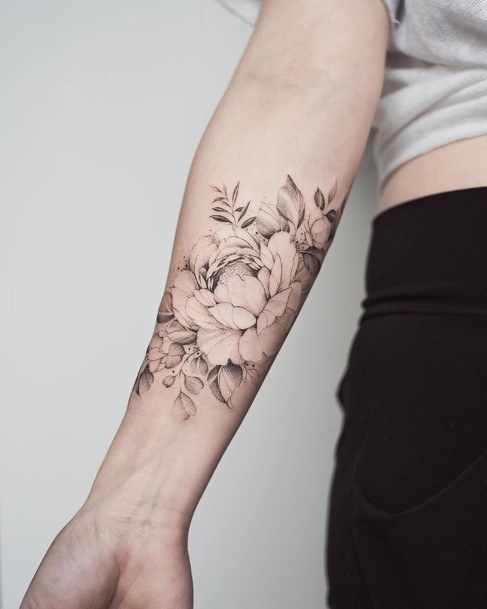 Womens Forearms Pencil Shaded Floral Tattoo