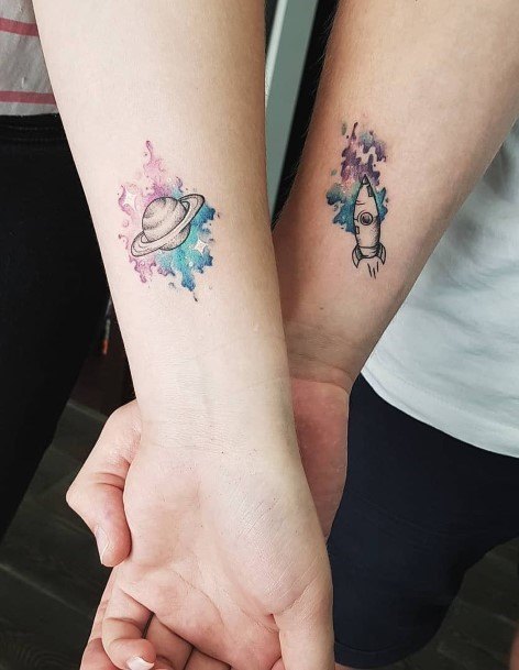 Womens Forearms Planet And Rocket Matching Tattoo