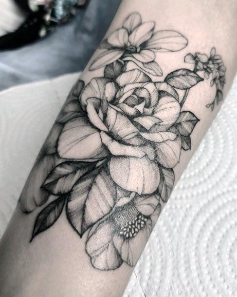 Womens Forearms Roses And Leaves Tattoo