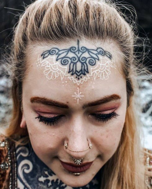 Womens Forehead Black And White Ink Tattoo