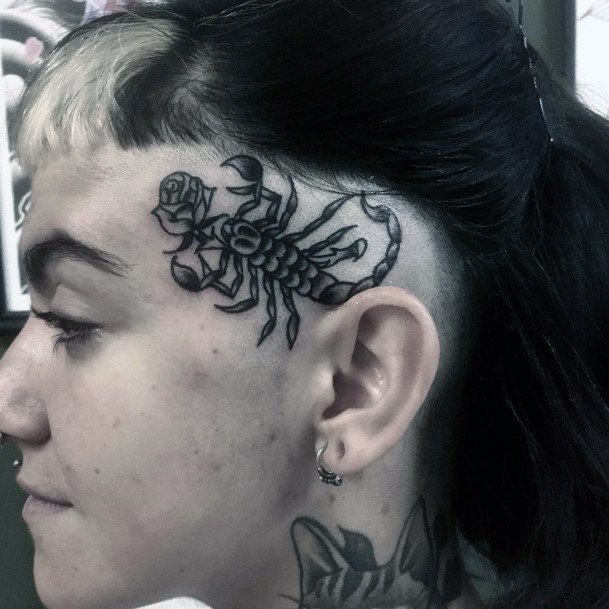 Womens Forehead Scorpion With Rose Tattoo