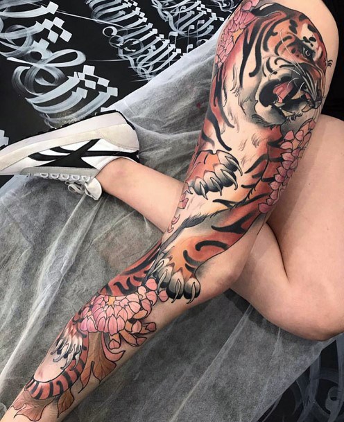 Womens Full Leg Tiger Tattoo