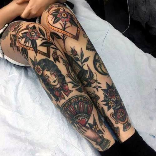 Womens Full Legs American Traditional Tattoo