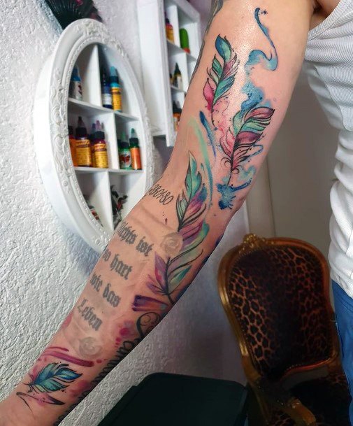 Womens Full Sleeve Feather Tattoo
