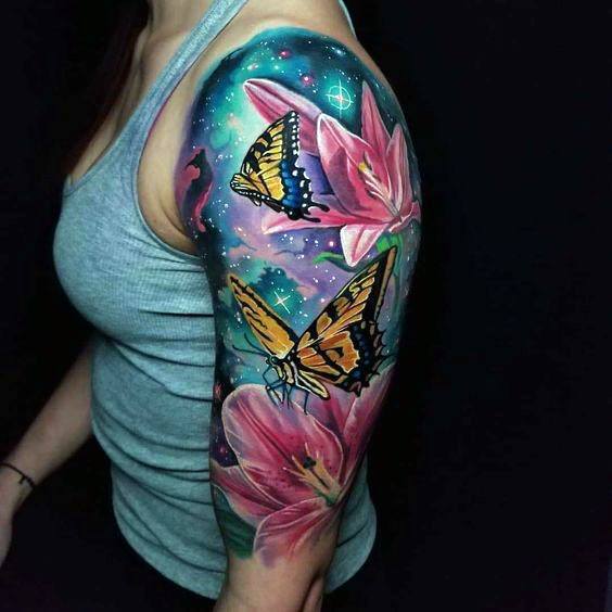 Womens Full Sleeves 3D Butterfly And Flowers Tattoo