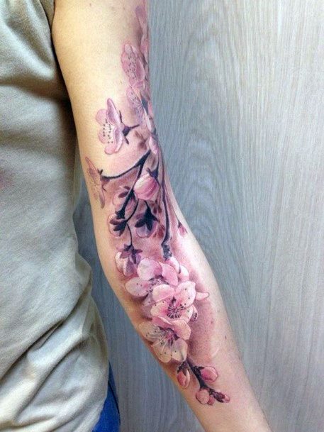 Womens Full Sleeves 3D Pink Blossoms Tattoo