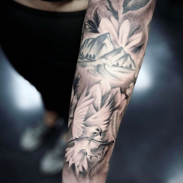 Womens Full Sleeves Dove And Flowers Tattoo