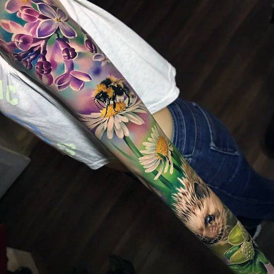 Womens Full Sleeves Glorius 3D Flowers Tattoo