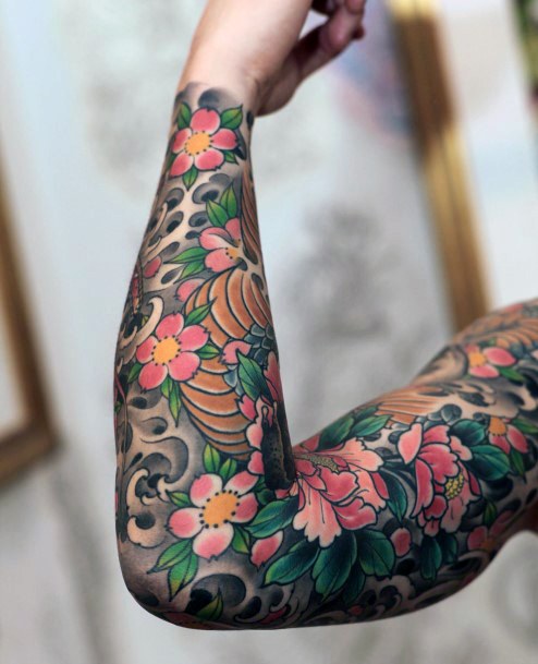 Womens Full Sleeves Japanese Cherry Blossom Design Tattoo