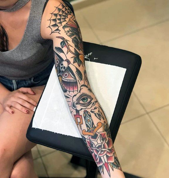Womens Full Sleeves Traditional Tattoo