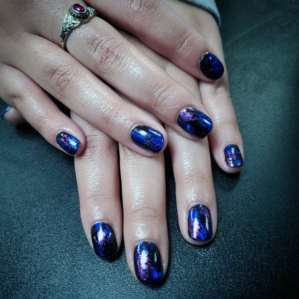 Womens Galaxy Glossy Black Blue And Purple Ombre Gel Nail Design