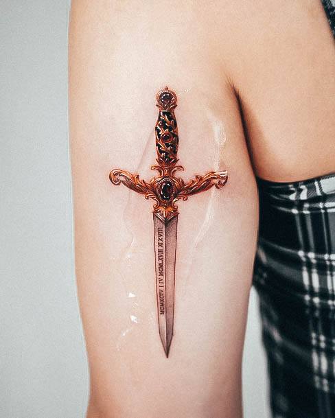Womens Gem Tattoos Sword Back Of Arm