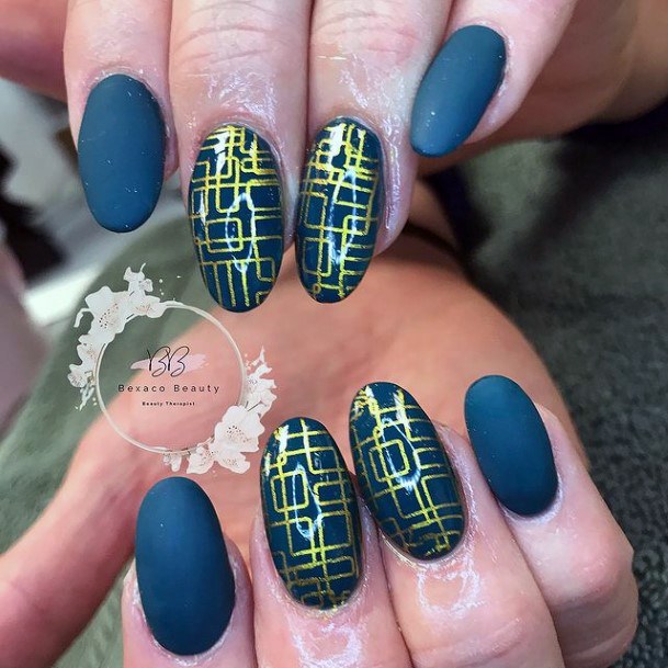 Womens Geometric Golden Design On Matte Green Nails