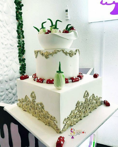 Womens Golden Art On White 3 Tier Cake Wedding