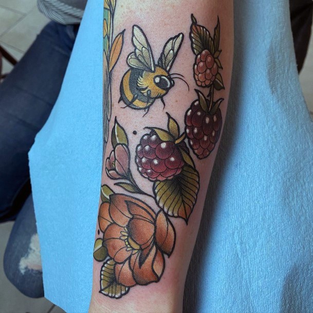 Womens Golden Fruits And Green Leaves Tattoo