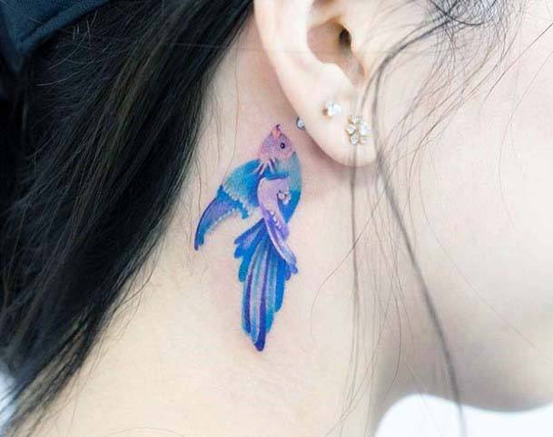 Womens Gorgeous Blue Tattoo Behind The Ear