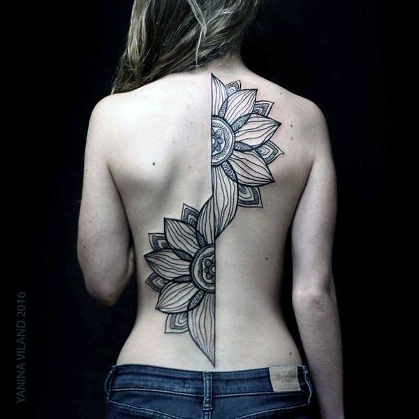 Womens Gorgeous Sliced Mandala Spine Tattoo