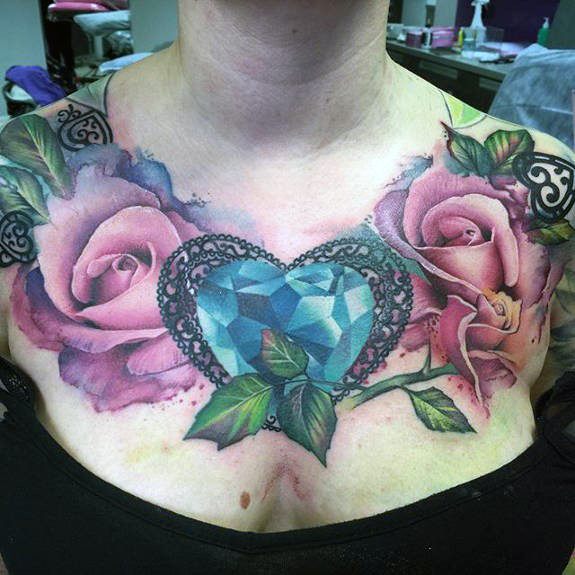 Womens Gorgeous Two Rosed Tattoo With Blue Gemstone On Chest