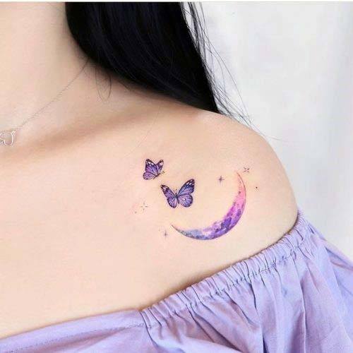 Womens Grand New Moon And Butterflies Tattoo Small Cute Purple Design