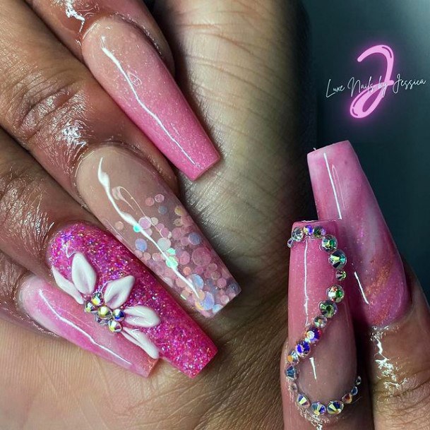 Womens Grand Pink Nails With Diamonds And 3d Flowers