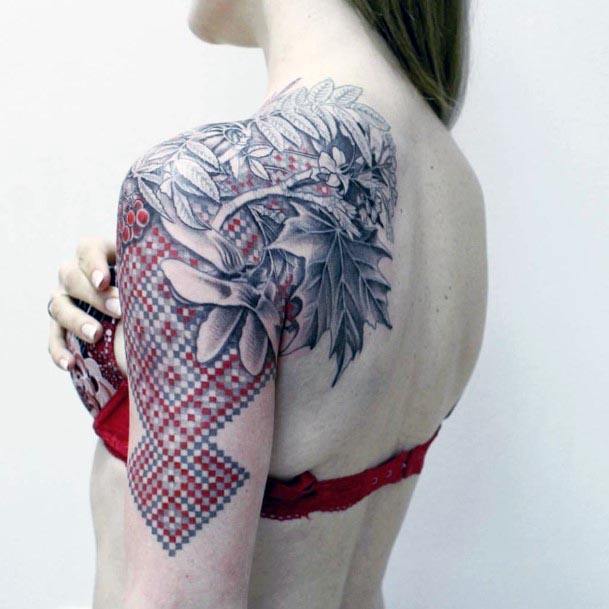 Womens Graphic Art And Flowers Shoulder Tattoo