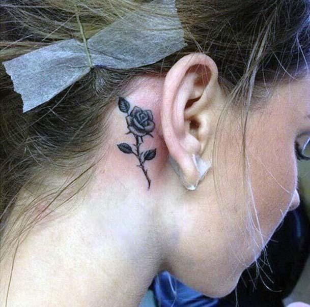 Womens Gray Rose Tattoo Behind The Ear Art