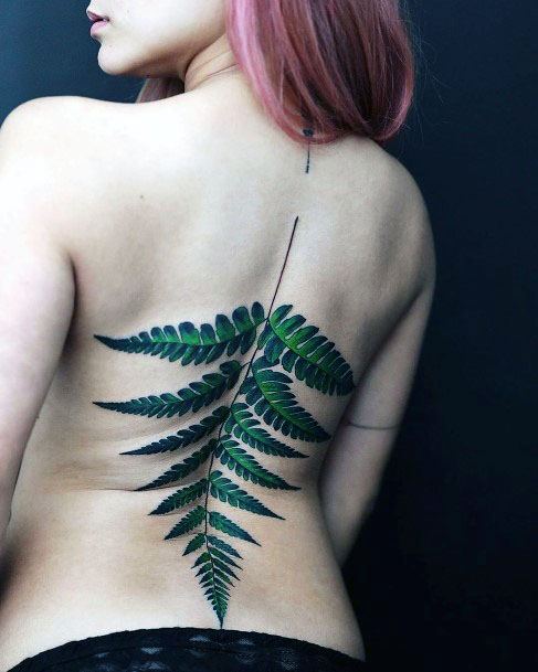 Womens Green Leaf Spine Tattoo