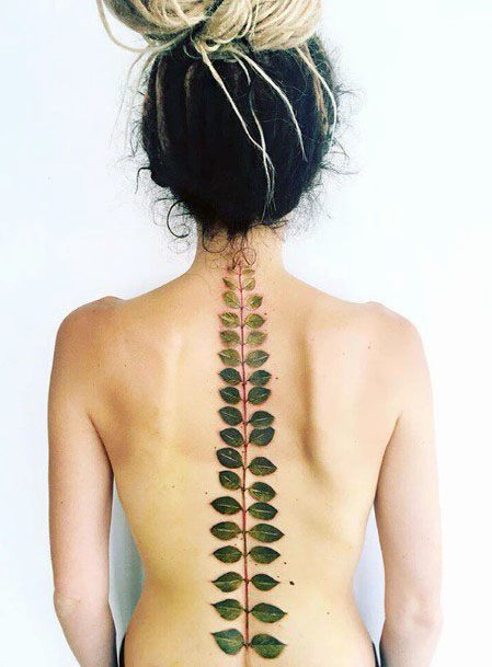 Womens Green Leaves Stalk Spine Tattoo