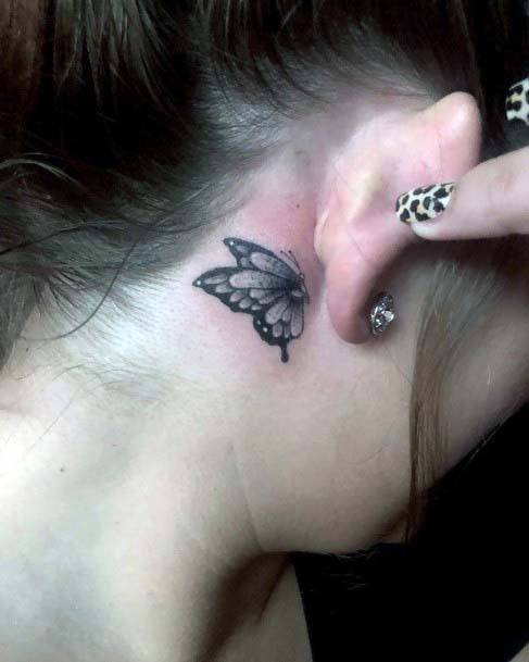 Womens Grey Butterfly Tattoo Behind The Ear