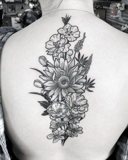 Womens Grey Floral Bunch Tattoo Spine