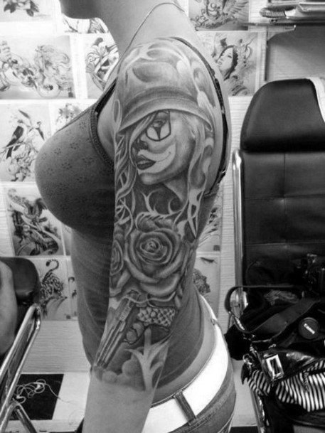 Womens Grey Lovely Half Sleeve Tattoo