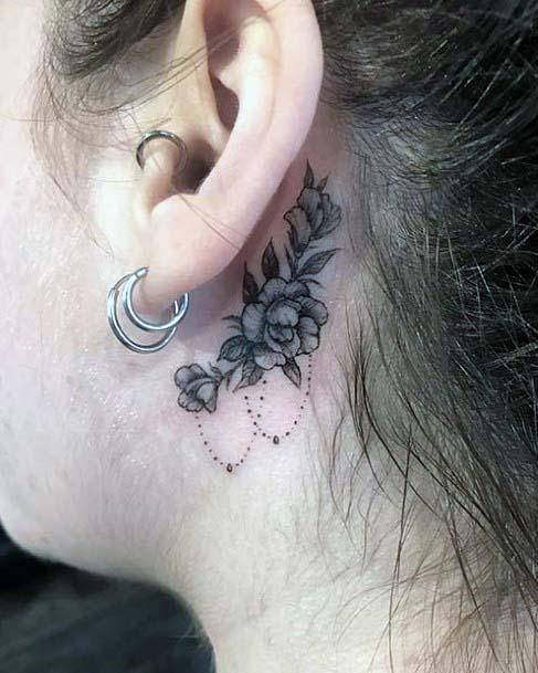 Womens Grey Rose Tattoo Behind The Ear