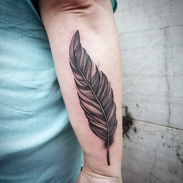 Womens Grey Shaded Thick Feather Tattoo