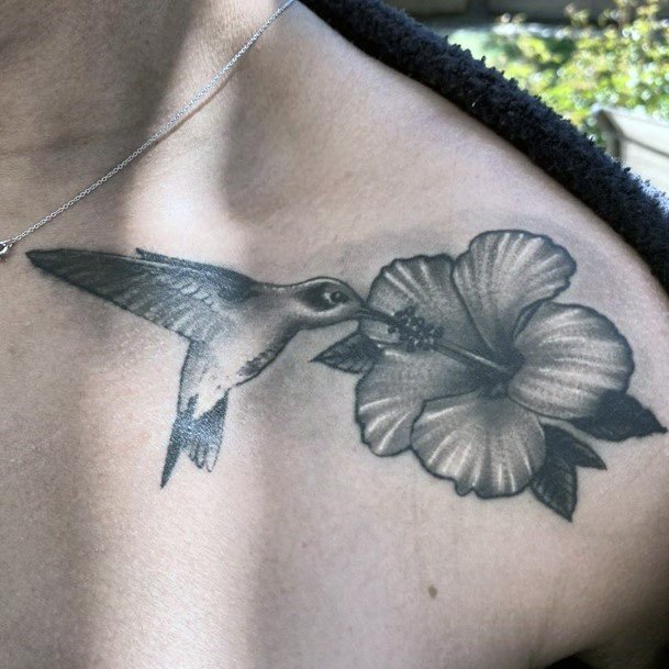 Womens Grey Tattoo Hummingbird And Flower On Collar Bone