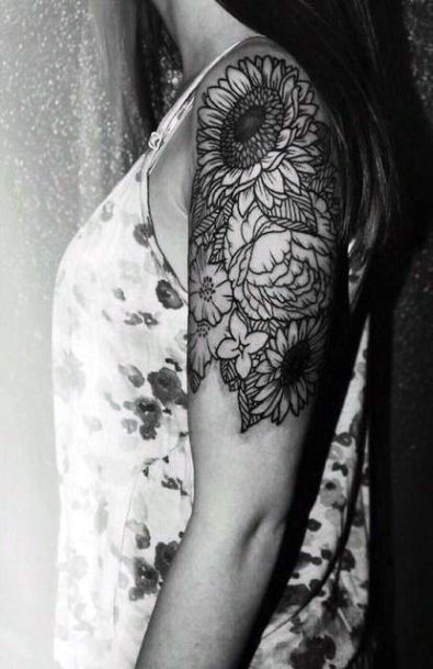 Womens Greyish Sunflower Tattoo Half Sleeve