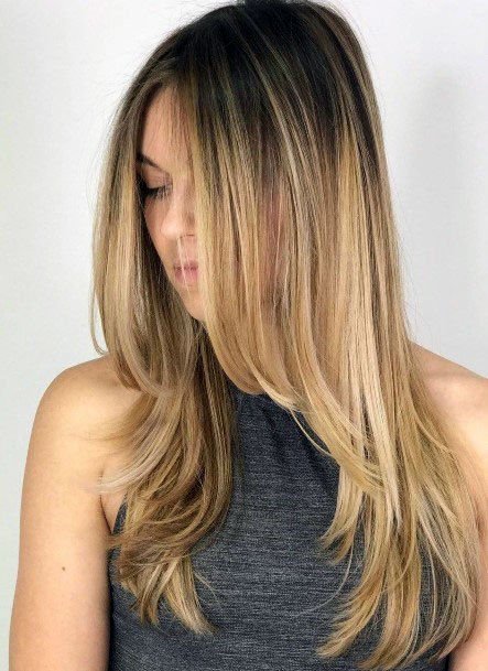 Womens Hair Long Ombre Dark Brown To Medium Blonde Center Part Layered