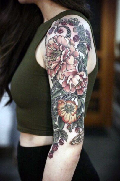 Womens Half Sleeve Flowers Tattoo