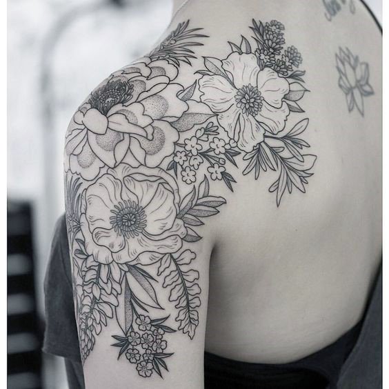 Womens Half Sleeve Grey Blooms Tattoo
