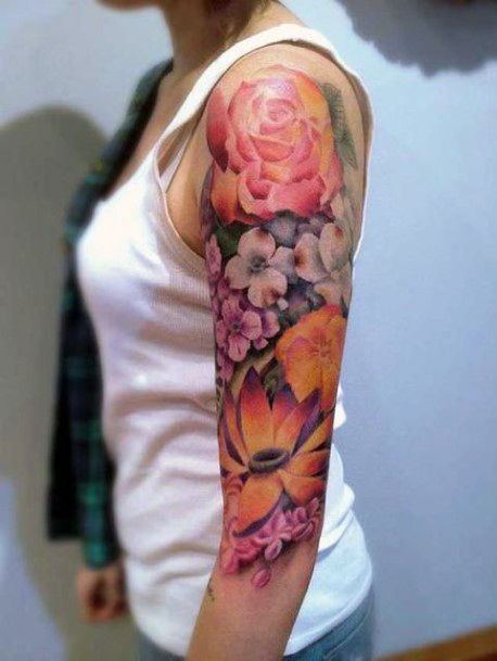 Womens Half Sleeve Romantic Flowers Tattoo